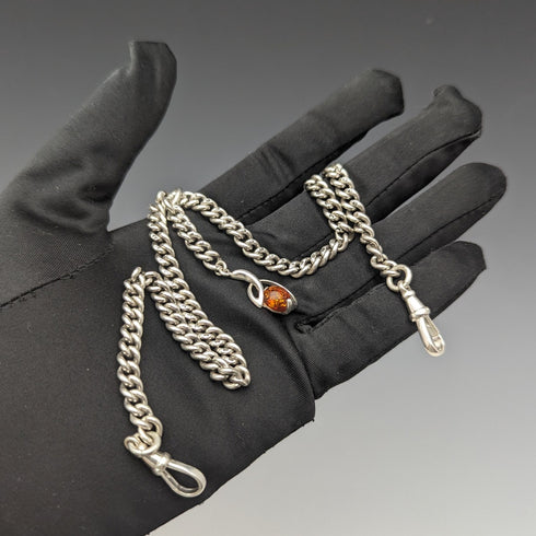 Circa 1910 British Antique Sterling Silver Double Albert Chain 37g Sterling Silver & Amber Fob